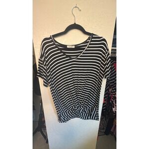 Black and white striped short sleeve blouse size large knotted detailed front